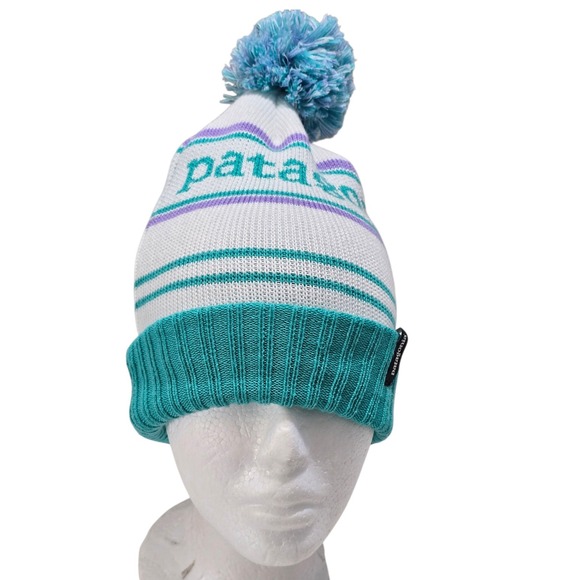 Patagonia Powder Town Beanie Teal Purple White Striped Pom Pom Knit Hat 29187 - Picture 4 of 10